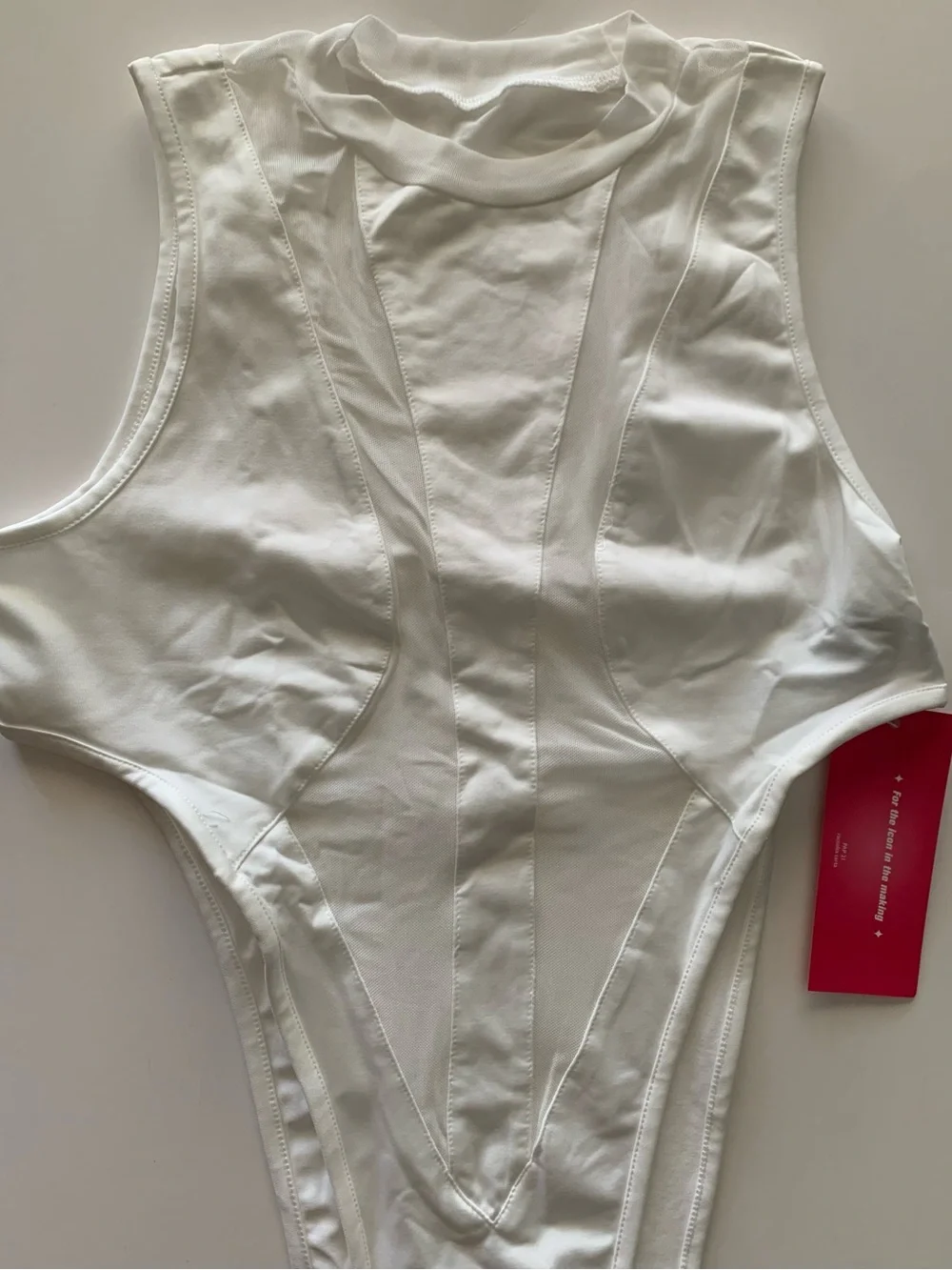 Shein Mock Neck Sheer Mesh Panel Sleeveless White Bodysuit Brand New Size S